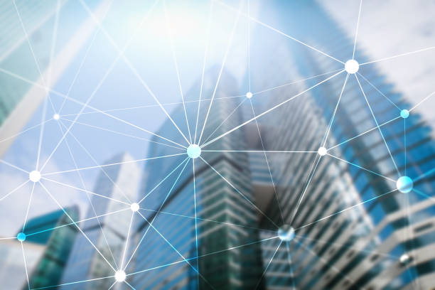 istock Blockchain network on blurred skyscrapers background. Financial technology and communication concept. 1135835535