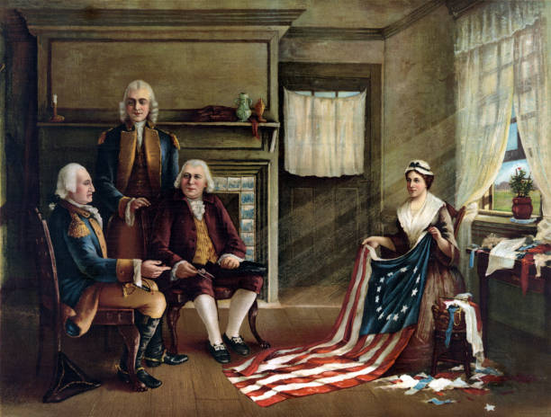 ilustraciones, imágenes clip art, dibujos animados e iconos de stock de betsy ross y la creación de la bandera americana - century