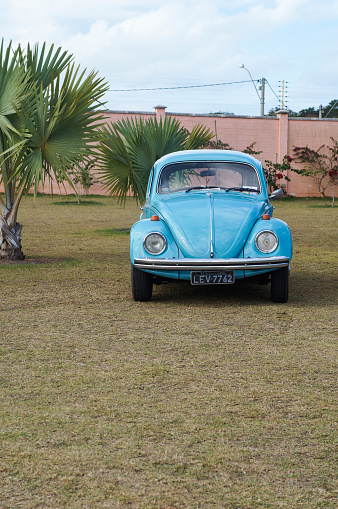 Rio de Janeiro/Brazil - 08/18/2013: retro vintage and blue Beetle Volkswagen, classic german car, in an exhibition of old cars