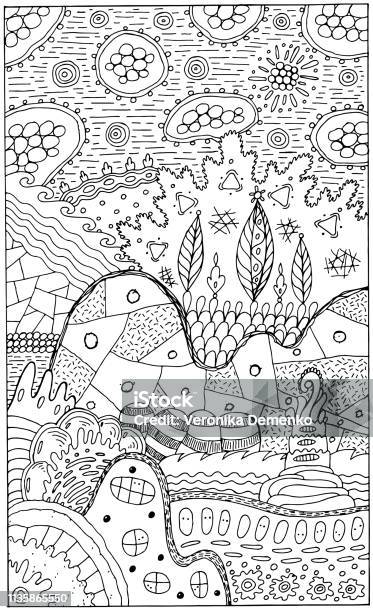 Fantasy Landscape With Surreal Houses And Trees Psychedelic Fantastic Coloring Page For Adults Vector Illustration Stock Illustration - Download Image Now