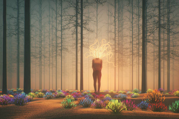 Fantasy modern Medusa in the forest at night. This is entirely 3D generated image.