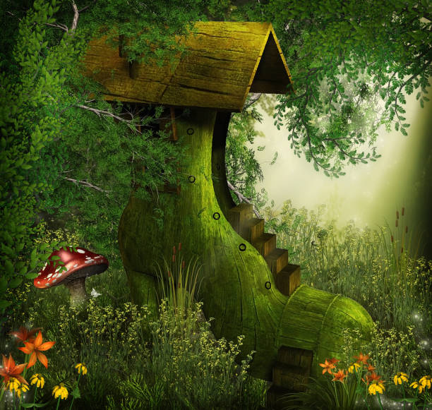 istock 3d illustration fantasy graphic background of forest with tree house structure in between 1135874851