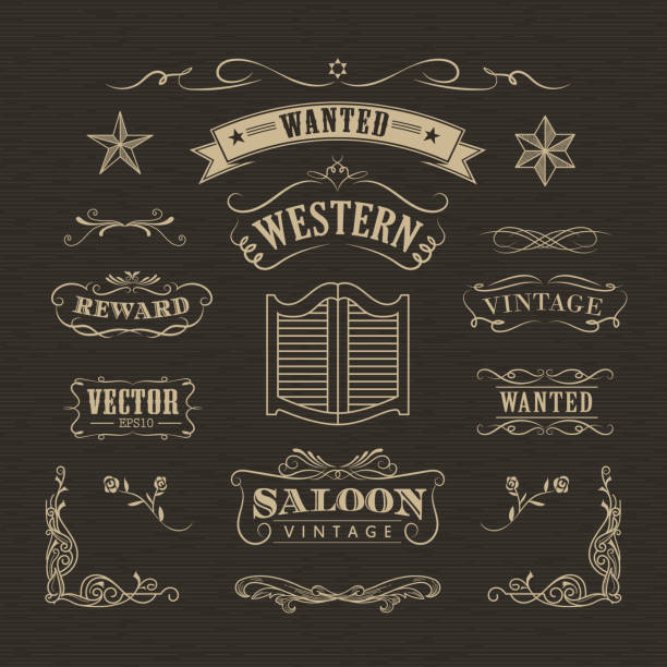 서양 손으로 그린 배너 빈티지 배지 - saloon stock illustrations