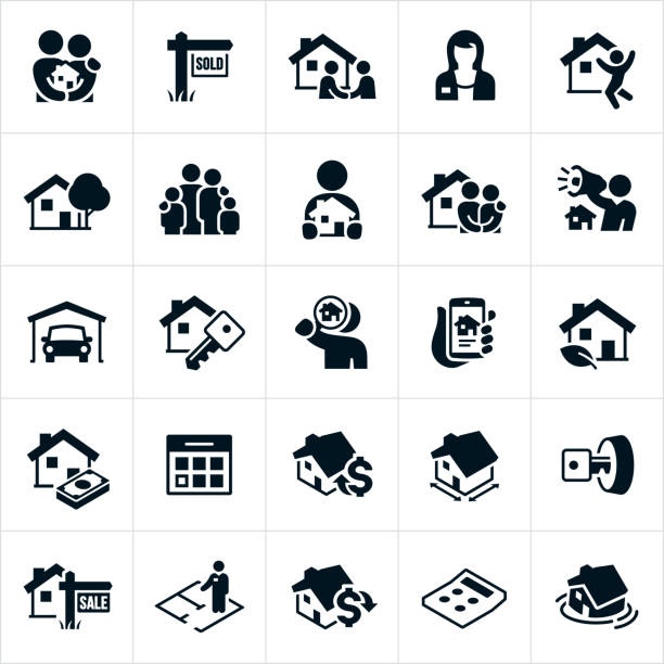 Home Real Estate Icons A set of home real estate icons. The icons include realtors, families, homes, a new house, purchasing a home, marketing real estate, garage, house key, searching for a new home, online listing, calendar, cost of purchasing, for sale sign, sold sign and a calculator to name just a few. housing difficulties stock illustrations