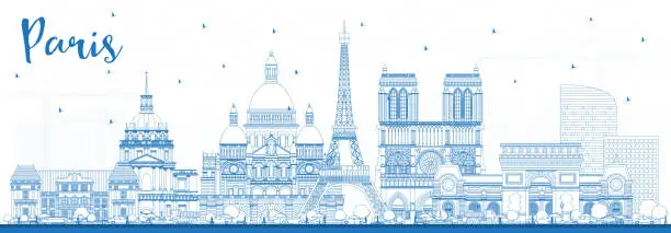 Vector illustration of Outline Paris France City Skyline with Blue Buildings.
