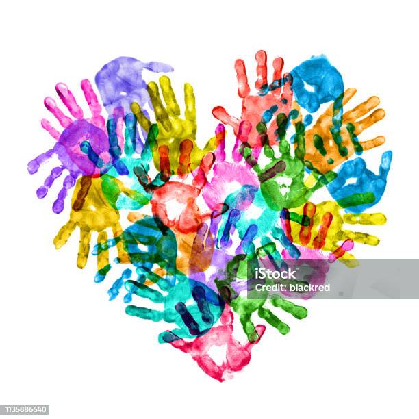 Colorful Children Hand Prints Forming A Heart Shape Stock Photo - Download Image Now