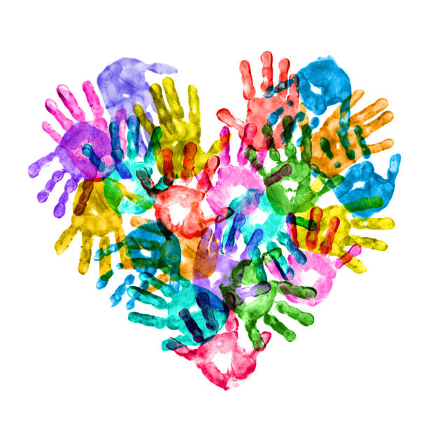 colorful children hand prints forming a heart shape - paint multi colored color image art imagens e fotografias de stock