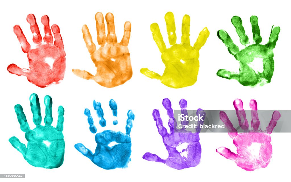 Colorful Children Hand Prints Colorful children’s hand prints on white background. Handprint Stock Photo
