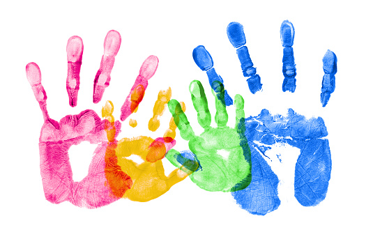 Colorful hand prints of a family.