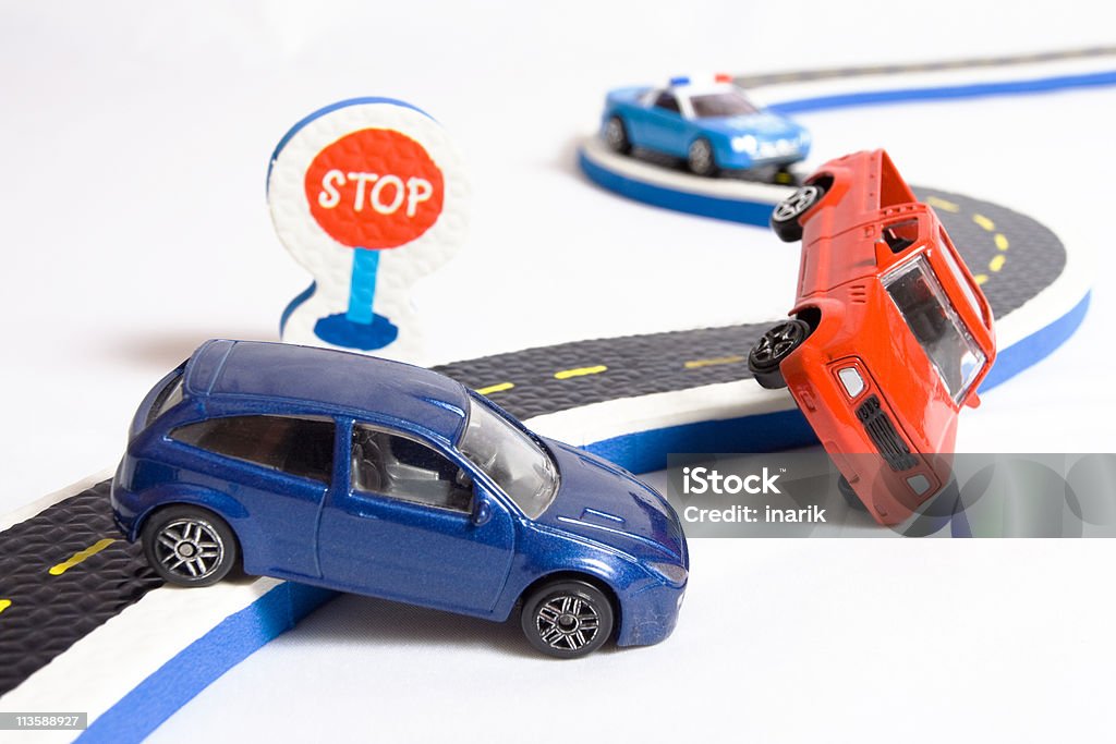 two cars accident crash road, insurance, toys broken auto car two cars accident crash on road and approaching police, insurance case, toy road with broken auto car Approaching Stock Photo