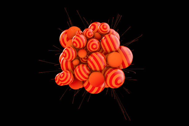 3d rendering Abstract shiny and striped spheres background, black color background, molecular structure.