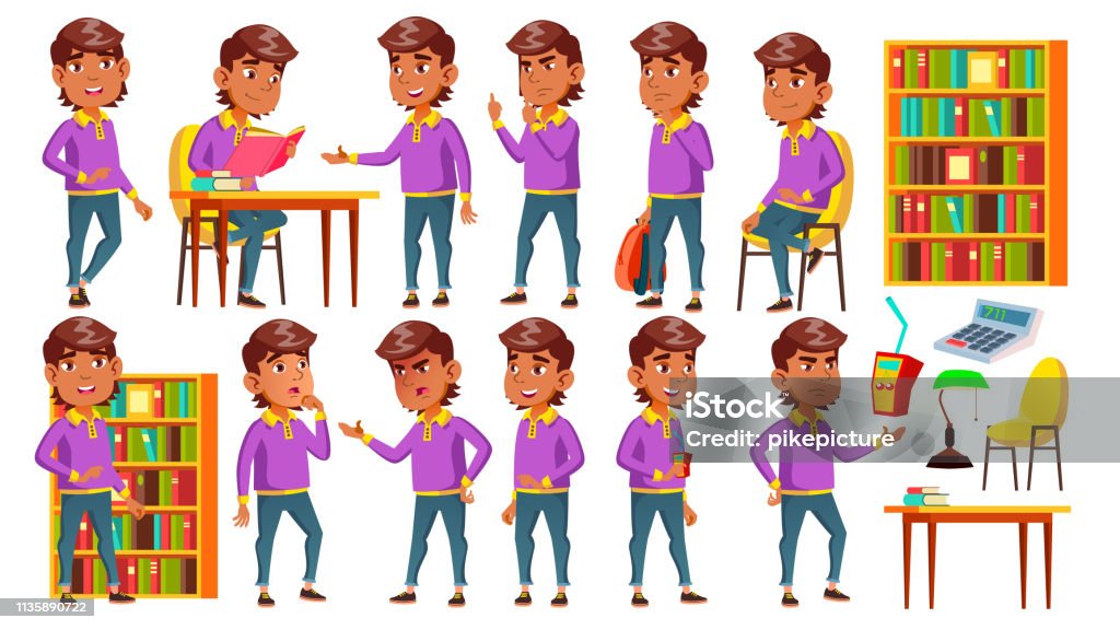 Arab, Muslim Boy Set Vector. Lesson. Library. Primary School Child. Beautiful Kid. Youth. For Card, Advertisement, Greeting Design. Isolated Cartoon Illustration Arab, Muslim Boy Set Vector. Lesson. Library. Primary School Child. Beautiful Kid. Youth. For Card, Advertisement Greeting Design Cartoon Illustration Anger stock vector