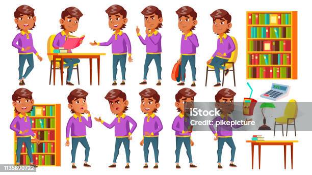 Arab Muslim Boy Set Vector Lesson Library Primary School Child Beautiful Kid Youth For Card Advertisement Greeting Design Isolated Cartoon Illustration Stock Illustration - Download Image Now