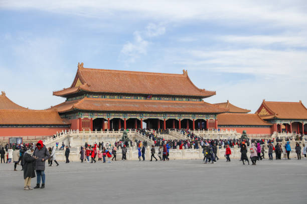 Beijing Shi, China - February 06, 2019: Tourists tour the many buildings in the forbidden city, each was used for the emperor's concubines.