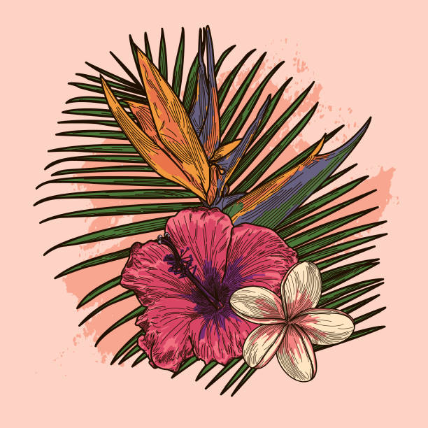 Millennial Pink and Coral Tropical Plant and Floral Bouquet vector art illustration