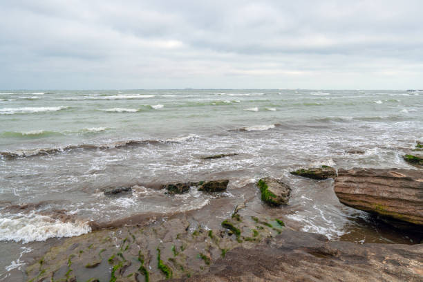 istock Rocky sea coast in cloudy weather 1135893388