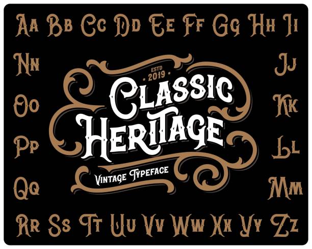 Vintage font set named "Classic Heritage" with decorative ornate on black background Vintage font set named "Classic Heritage" with decorative ornate on black background steampunk style stock illustrations