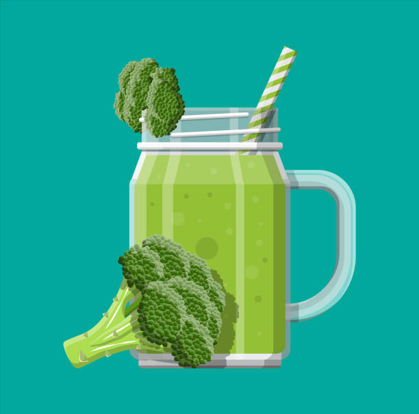 ilustrações, clipart, desenhos animados e ícones de frasco com smoothie dos bróculos com palha listrada. - healthy eating green drink non alcoholic beverage