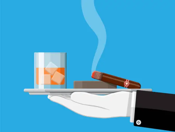 Vector illustration of Glass of whiskey with cigar and ashtray in hand.