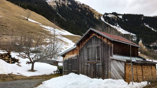 istock Wooden shack in the melting snow 1135899421