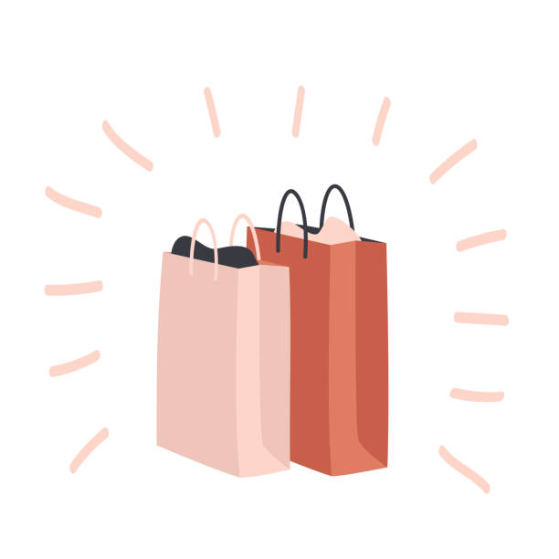 ilustraciones, imágenes clip art, dibujos animados e iconos de stock de conjunto de bolsos y paquetes de compras coloridos - paper bag illustrations