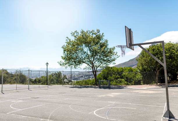 istock Basketball hoop on empty court against sky 1135899899