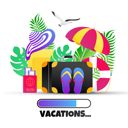 Summer holiday tropical vacation flat style design composition with progress loading bar text HOLIDAYS, luggage  suitcase, beach hat, flip flops, umbrella vector illustration isolated on white.