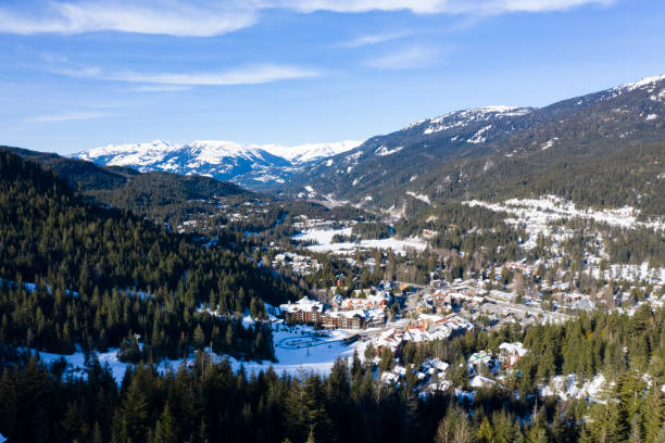 Whistler Creek Base Area Panoramic Landscape Winter Sunny Morning Whistler Creek Base Area Panoramic Landscape Winter Sunny Morning whistler mountain stock pictures, royalty-free photos & images
