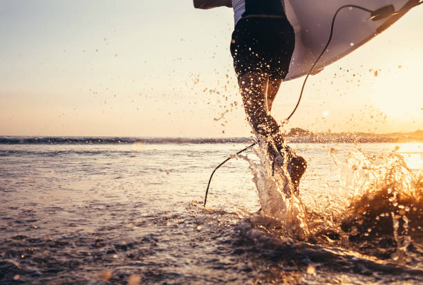 istock Young man Surfer taking surfboard and running with long surf board to waves on the evening sunset sky background. Active holidays spending concept. 1135903830