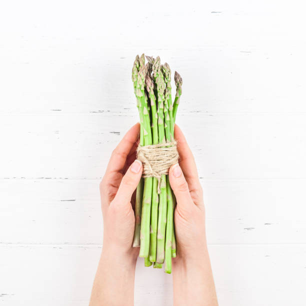 istock Fresh green asparagus in woman hands 1135905578