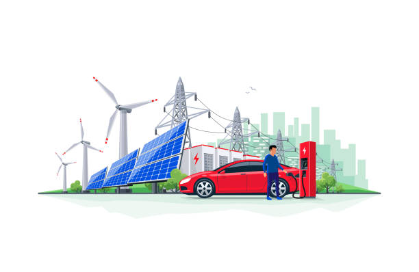 ilustrações de stock, clip art, desenhos animados e ícones de electric car charging from renewable energy battery storage power grid system with city skyline - man energy turbine