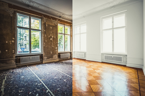 flat renovation, empty room before and after refurbishment or restoration  -