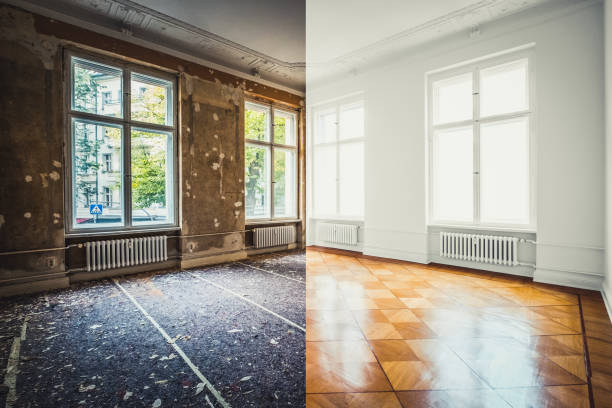 renovação plana, sala vazia antes e após a remodelação ou restauração- - primed - fotografias e filmes do acervo