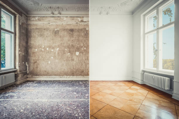 istock flat renovation, empty room before and after refurbishment old and new interior   - 1135908237