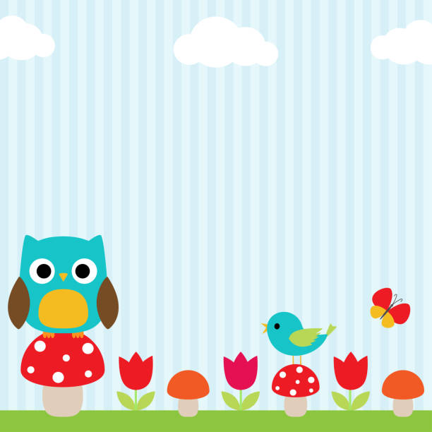 Owl background Bright background with owl, bird, butterfly, mushrooms and flowers bedroom borders stock illustrations