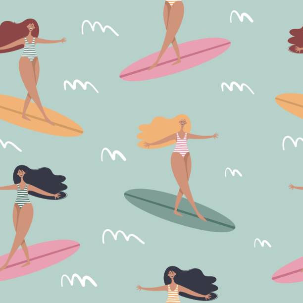 바다에서 서핑 보드에서 서핑 소녀. 여름 해변 완벽 한 패턴 - beach surfing bikini retro revival stock illustrations