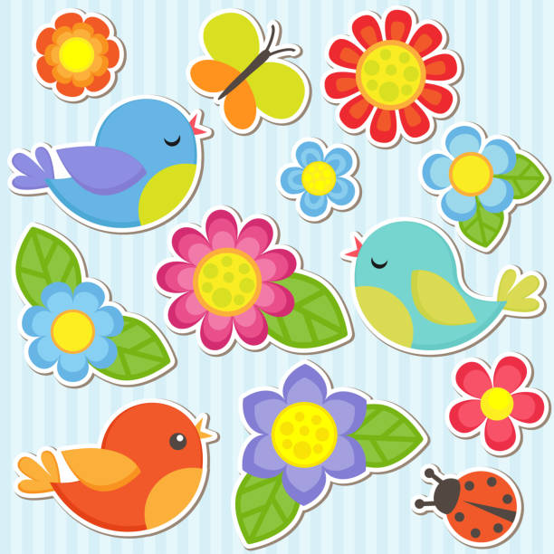 Set of flowers and birds Vector flowers, birds, butterfly and ladybug ladybird book stock illustrations
