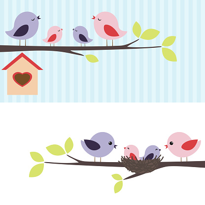 Family of birds sitting on a branch. Two variations.