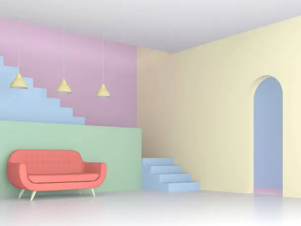Photo of colorful living room with pastel concept 3d render