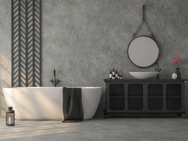industrielles loft-bad bad mit poliertem beton 3d render - spiegelschrank mit beleuchtung stock-fotos und bilder