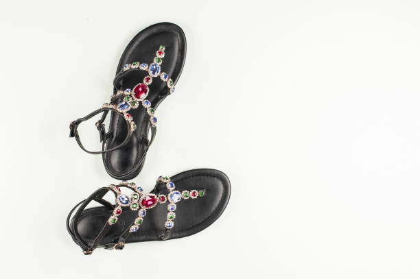Colorful Crystals Leather Sandals on White Background