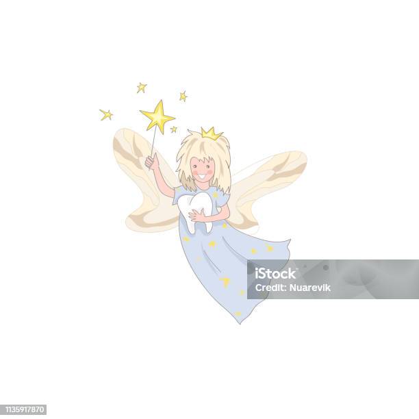 Cute Kawaii Tooth Fairy With Magic Stick And Tooth Icon Isolated Stock Illustration - Download Image Now