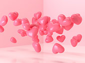 3d rendering balloon heart shape glossy pink levitation room love surprise valentine gift concept