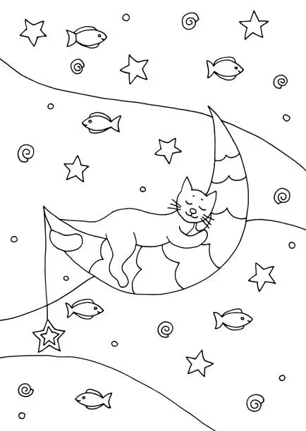 Vector illustration of Hand drawn coloring page with a sleeping cat on the moon