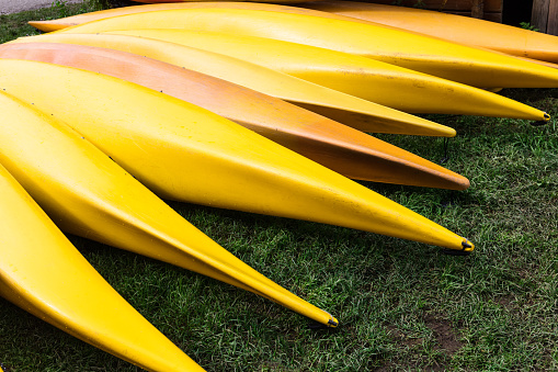 kayaks lie on the green lawn