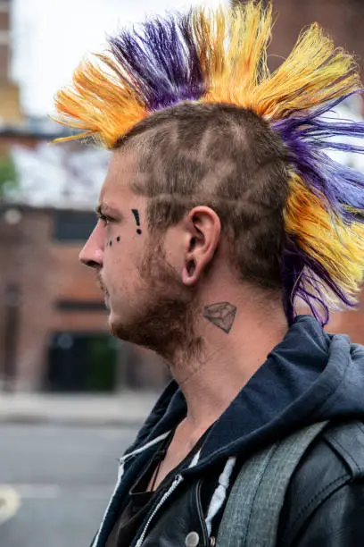 London Punk scene, portrait of one male punker, unsharp background at Camden Lock, London, UK.