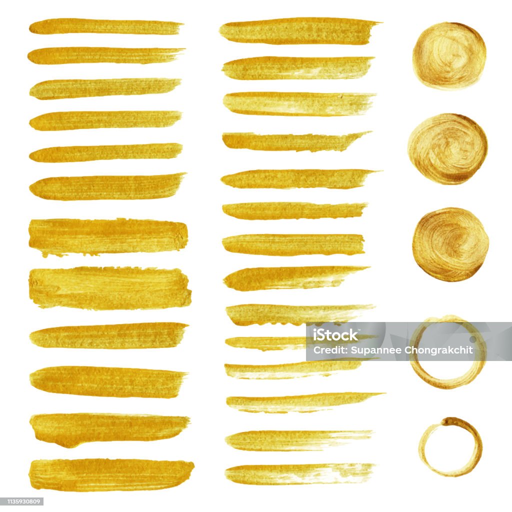 Golden brush stoke hand painted. Golden stripes patch hand paint isolate on white background. Set of  watercolor golden stroke brush and circle hand paint. Vector illustration. Gold - Metal stock vector