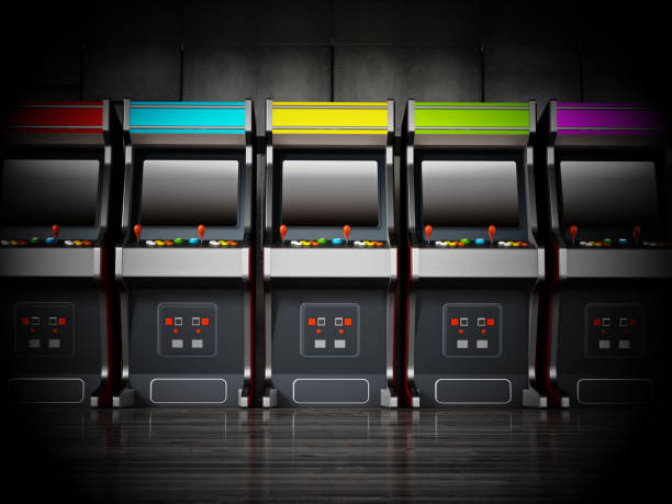 istock Vintage arcade machines with dark blank screens in a row. 3D illustration 1135930838
