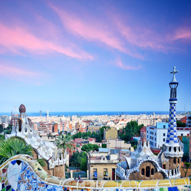 park guell in barcelona, spain - spain spanish culture art pattern imagens e fotografias de stock