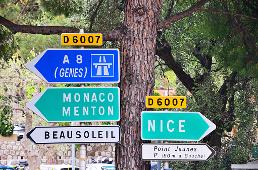 Directional Signpost to Monaco and Nice in France